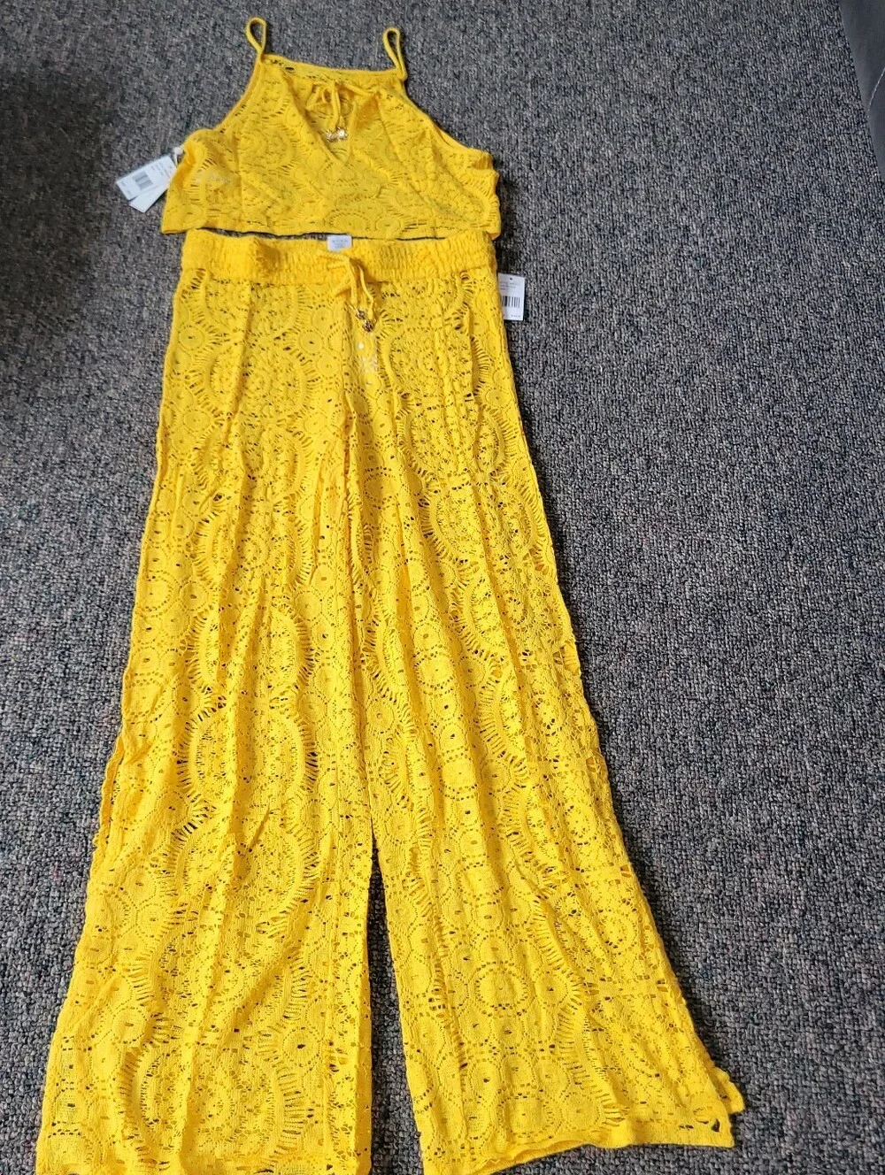 Yellow Crochet Lace Swim Coverup Set - Crochet Slitted Pants & Crop Top
